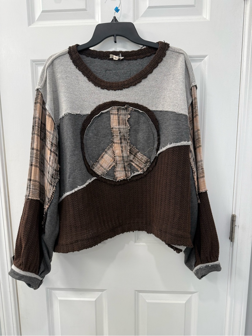 POL Peace Sign Sweater Oversized Patchwork Plaid Boho Hippie Large
